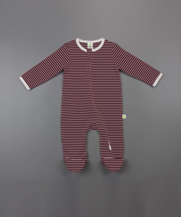 Maroon Stripes Long Sleeve Zipsuit With Feet-imababywear